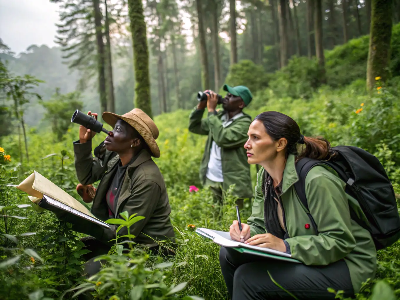 A photograph showing a wildlife monitoring team using binoculars and GPS devices to track animal populations in their natural habitat. The image should highlight the scientific aspect of wildlife conservation.