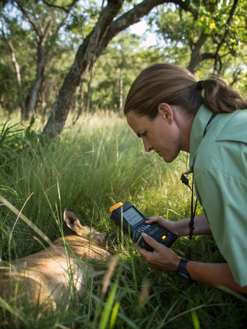 A researcher monitoring wildlife populations using GPS tracking devices, illustrating the association's commitment to scientific research and data-driven conservation.