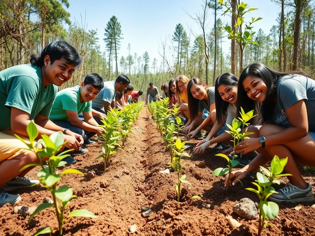 A photograph depicting volunteers participating in a habitat restoration project, planting native trees and shrubs in a deforested area. The image should convey a sense of community involvement and environmental stewardship.