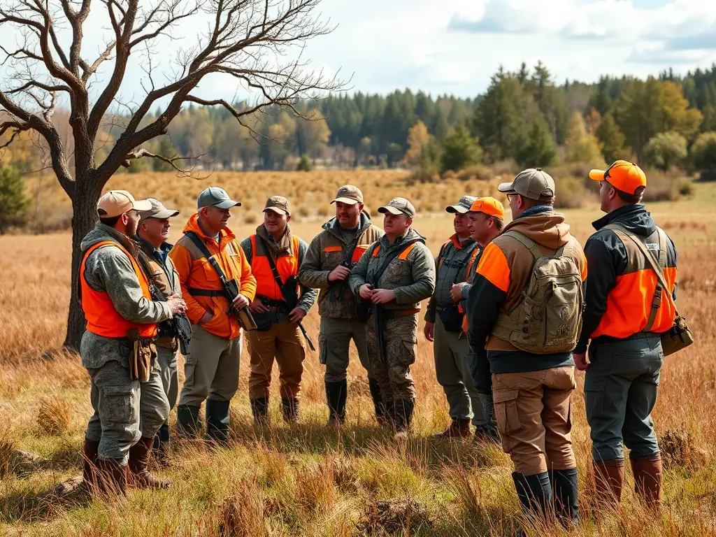 A photograph featuring a group of hunters participating in a training session on sustainable hunting practices, led by an experienced instructor. The image should emphasize responsible hunting and conservation.