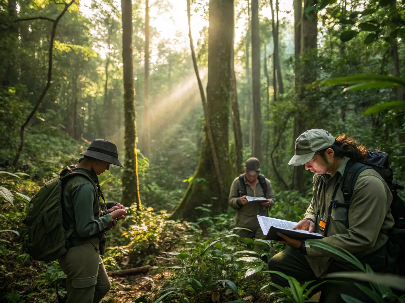 An image of conservationists patrolling a forested area with wildlife in the background, highlighting active protection efforts.