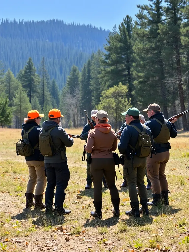An image showing a group of hunters participating in a training session on responsible hunting practices, emphasizing ethical and sustainable methods.