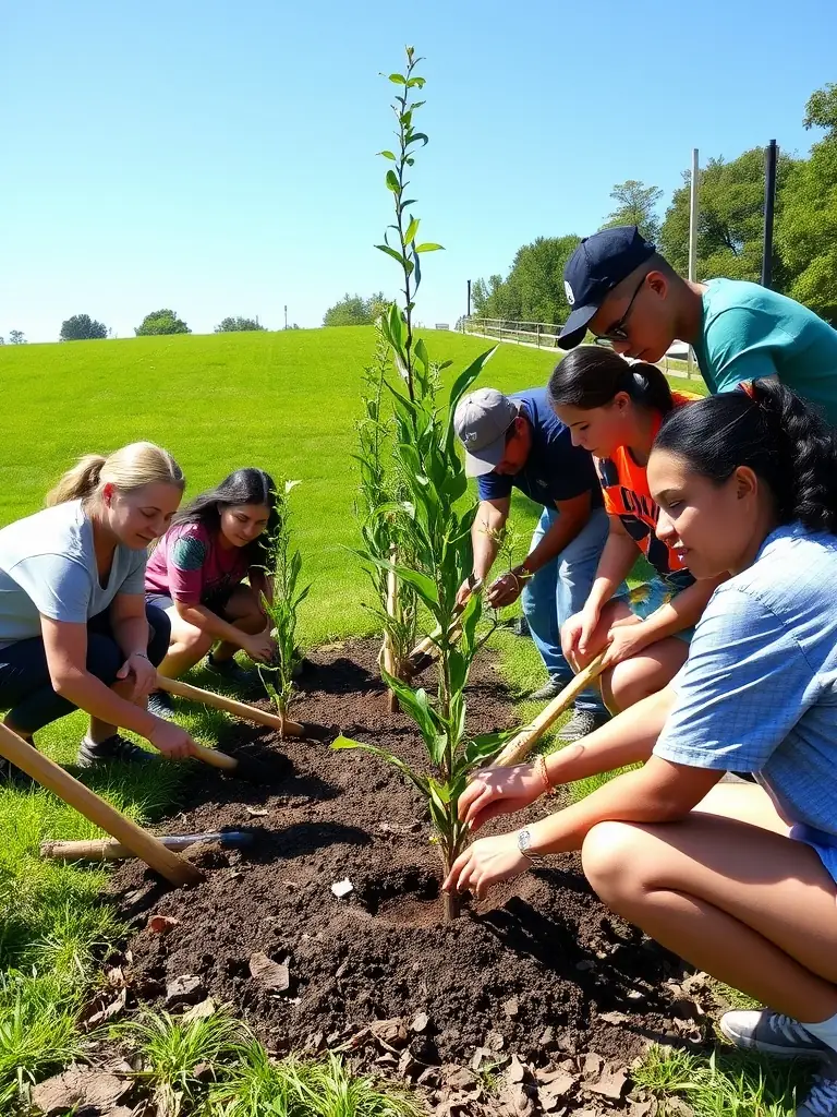 A photograph depicting volunteers planting trees in a deforested area, illustrating habitat restoration efforts by ASSOCIATION CHASSEURS DE PLANGUENOUAL.