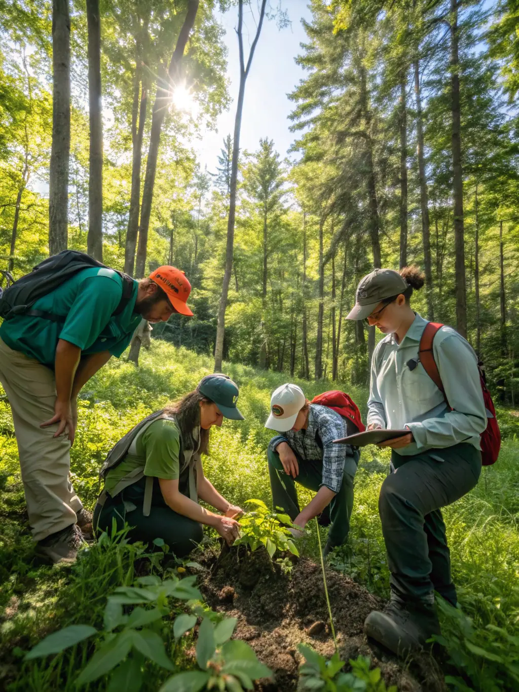 A photo of ASSOCIATION CHASSEURS DE PLANGUENOUAL members patrolling a local forest to prevent poaching and monitor wildlife populations, demonstrating their dedication to protecting local fauna.