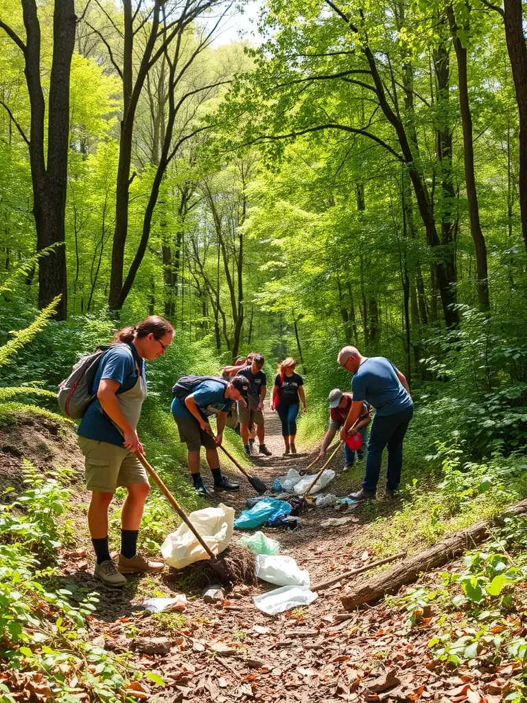 A group of volunteers participating in a clean-up event in a local forest, highlighting the association's community engagement efforts.