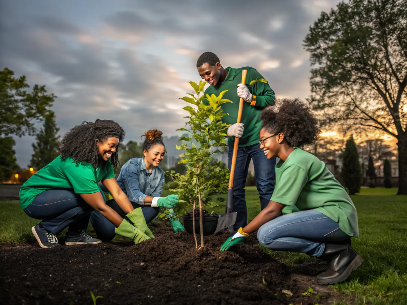 A photograph depicting volunteers participating in a habitat restoration project, planting native trees and shrubs in a deforested area. The image should convey a sense of community involvement and environmental stewardship.
