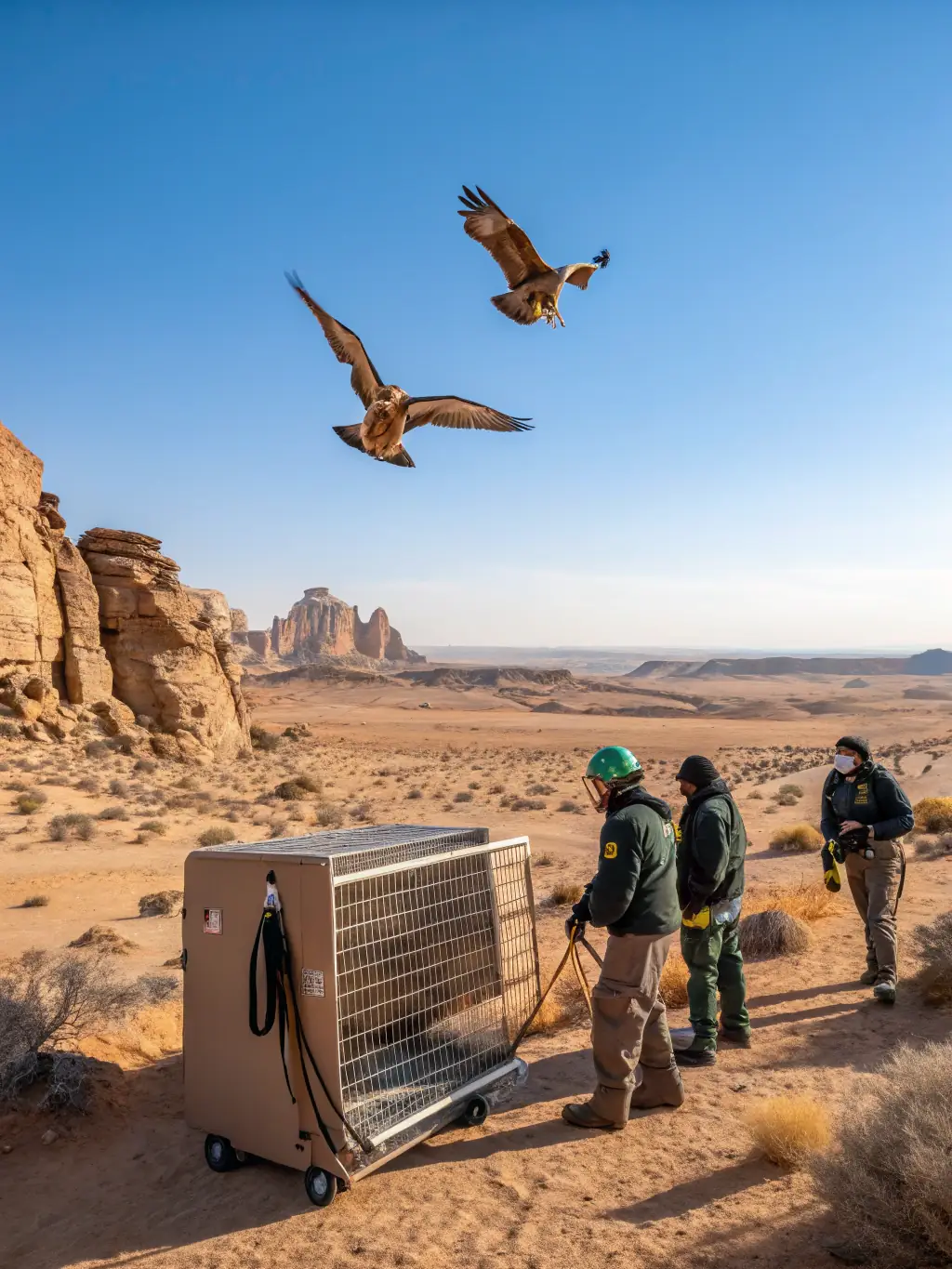 A high-quality photo of volunteers from ASSOCIATION CHASSEURS DE PLANGUENOUAL releasing a rehabilitated bird of prey back into its natural habitat, showcasing the organization's commitment to wildlife rehabilitation.