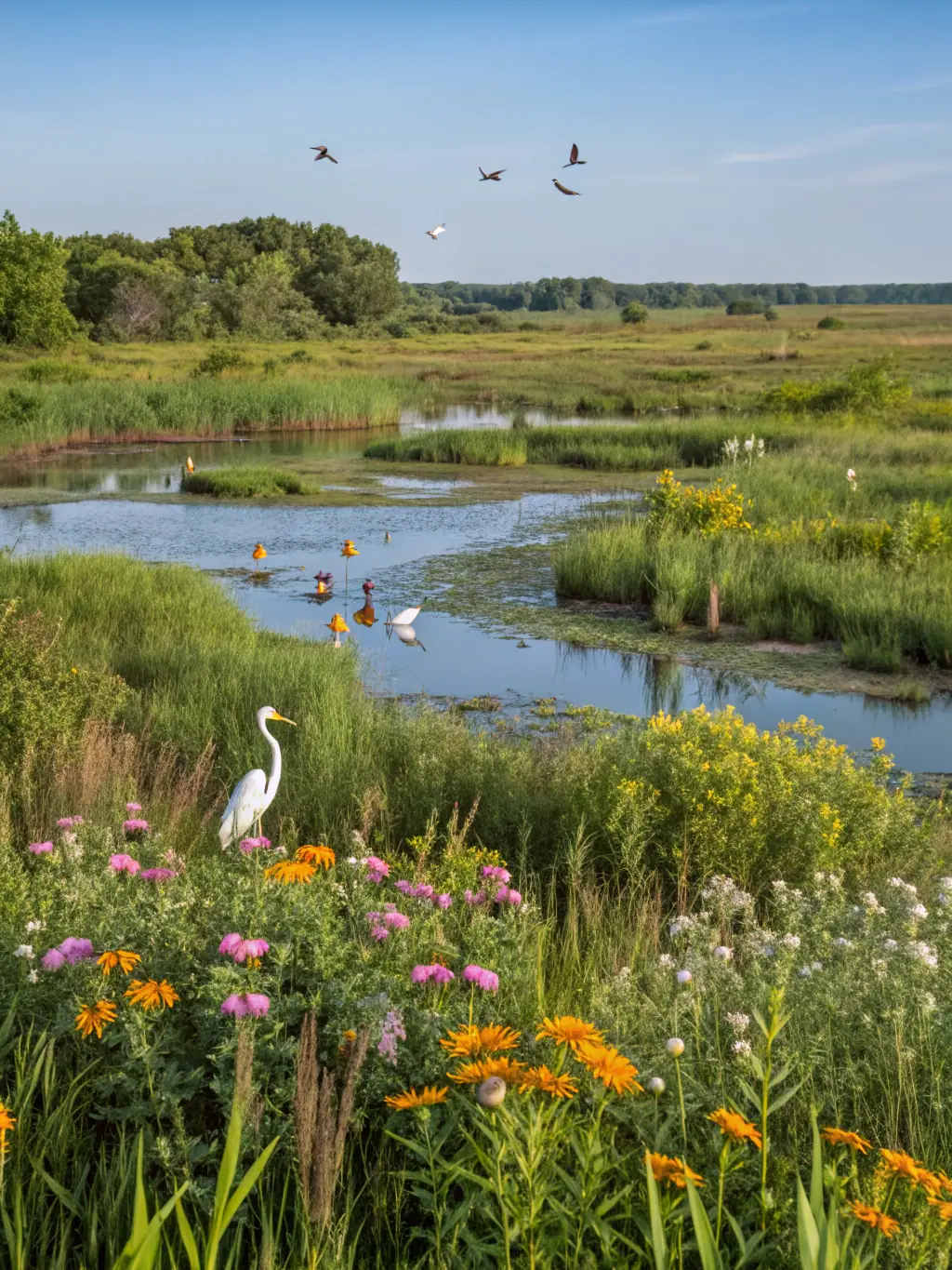 A scenic view of a restored wetland area, showcasing the association's efforts in habitat preservation and ecosystem restoration.
