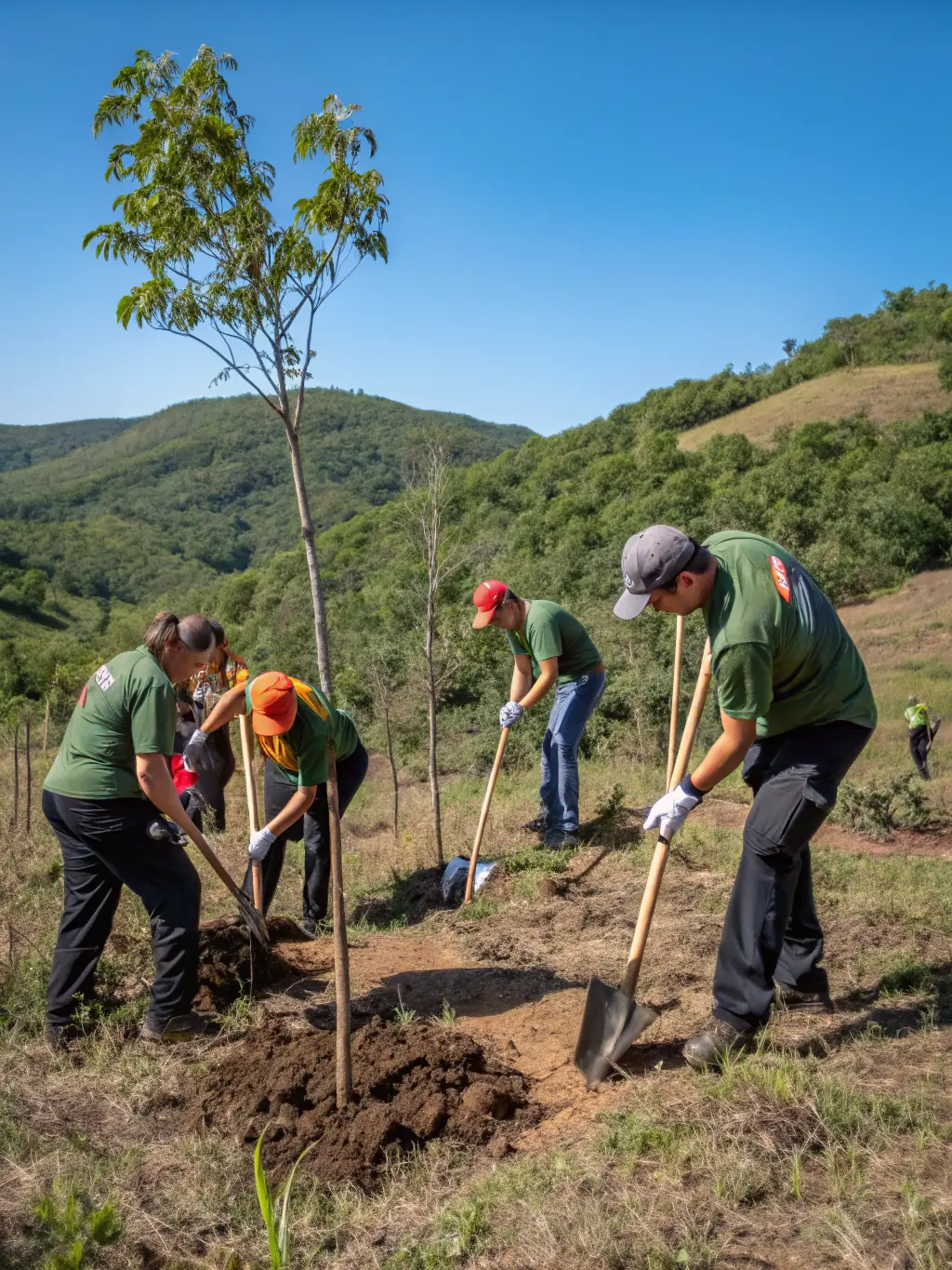 A photograph of ASSOCIATION CHASSEURS DE PLANGUENOUAL members conducting a habitat restoration project, planting native trees and shrubs to improve biodiversity and support local ecosystems.