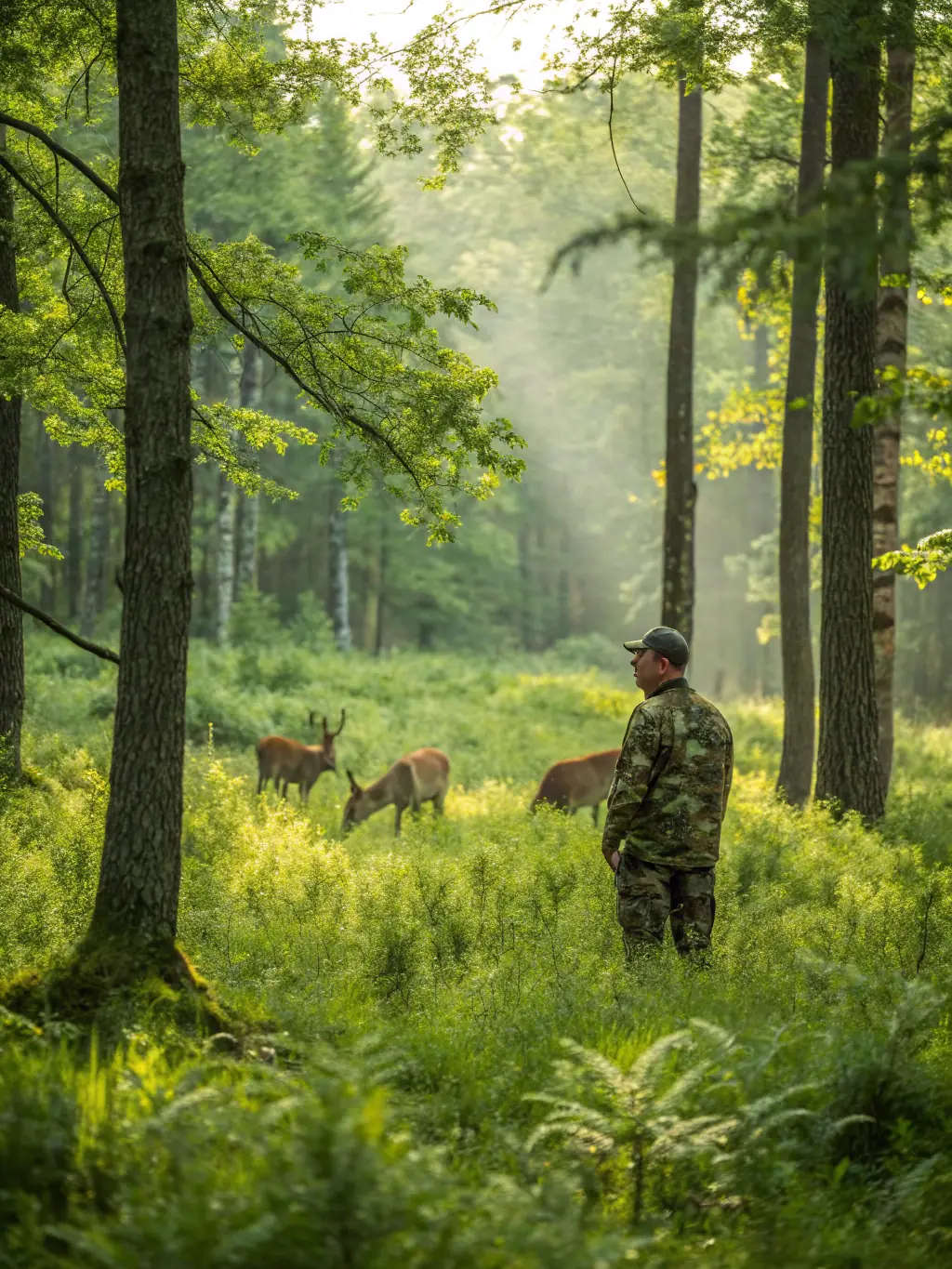 A photograph of a hunter carefully observing a deer in its natural habitat, emphasizing the association's commitment to responsible hunting practices.